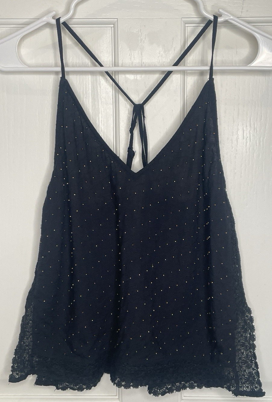FREE PEOPLE Women's Embellished Lace Trimmed Cami Sz S Boho Beaded Party Black